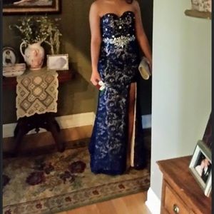 blush prom by Alexia Navy Lace Gown with Slight Train, Sz 2